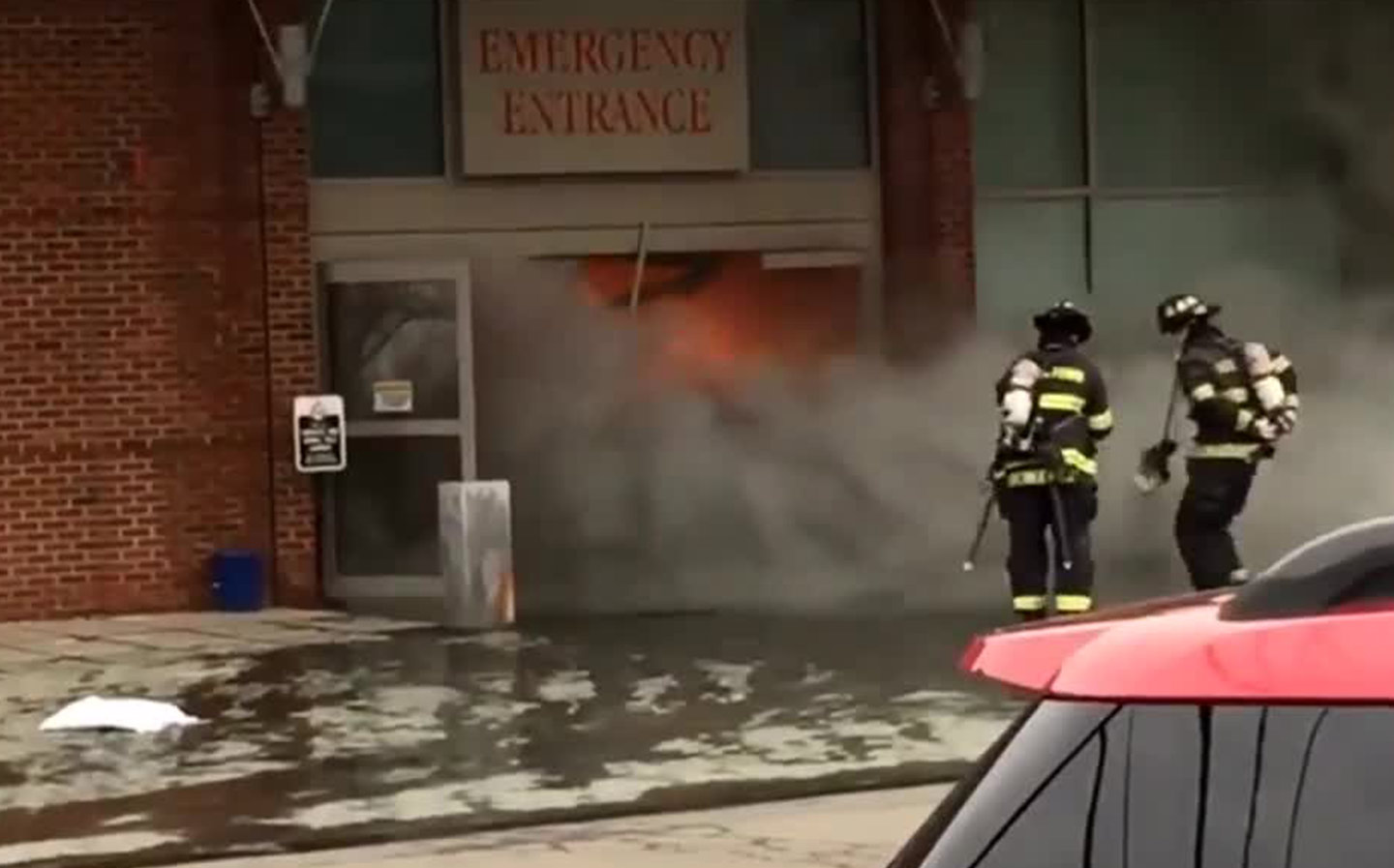 Video: Driver Catches Fire After Crashing Car Into Hospital Accident ...