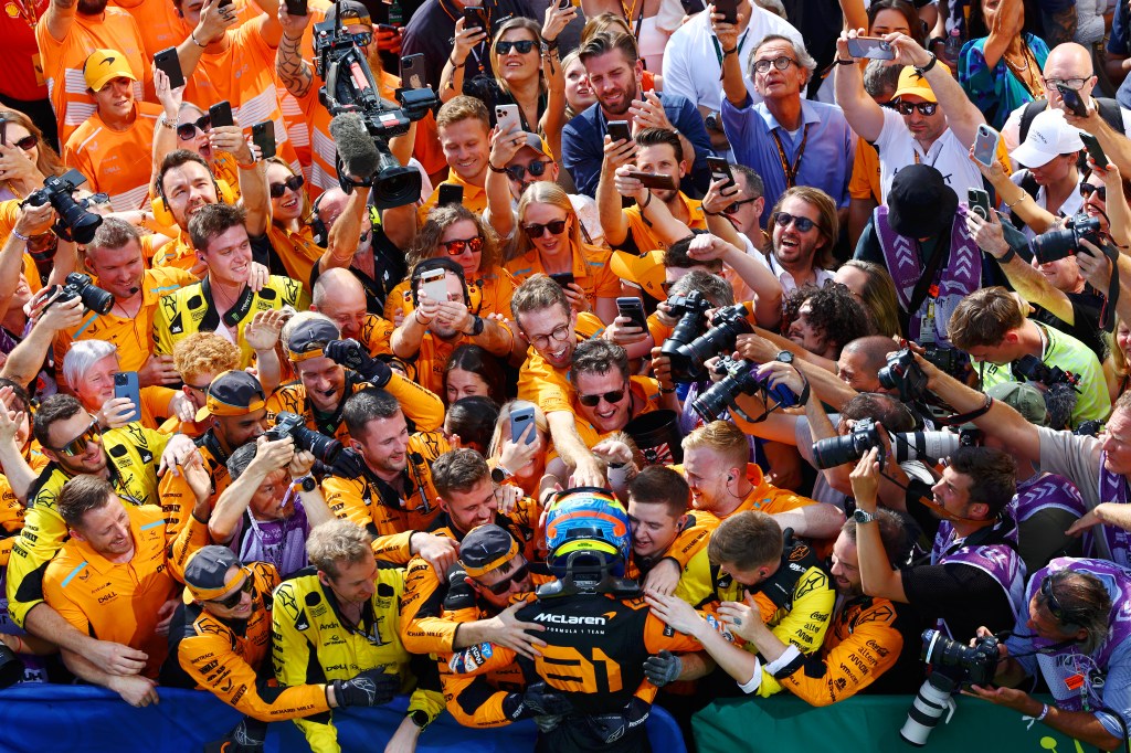BUDAPEST, HUNGARY - JULY 21: Race winner Oscar Piastri of Australia and McLaren celebrates in parc ferme during the F1 Grand Prix of Hungary at Hungaroring on July 21, 2024 in Budapest, Hungary. (Photo by Mark Thompson/Getty Images)