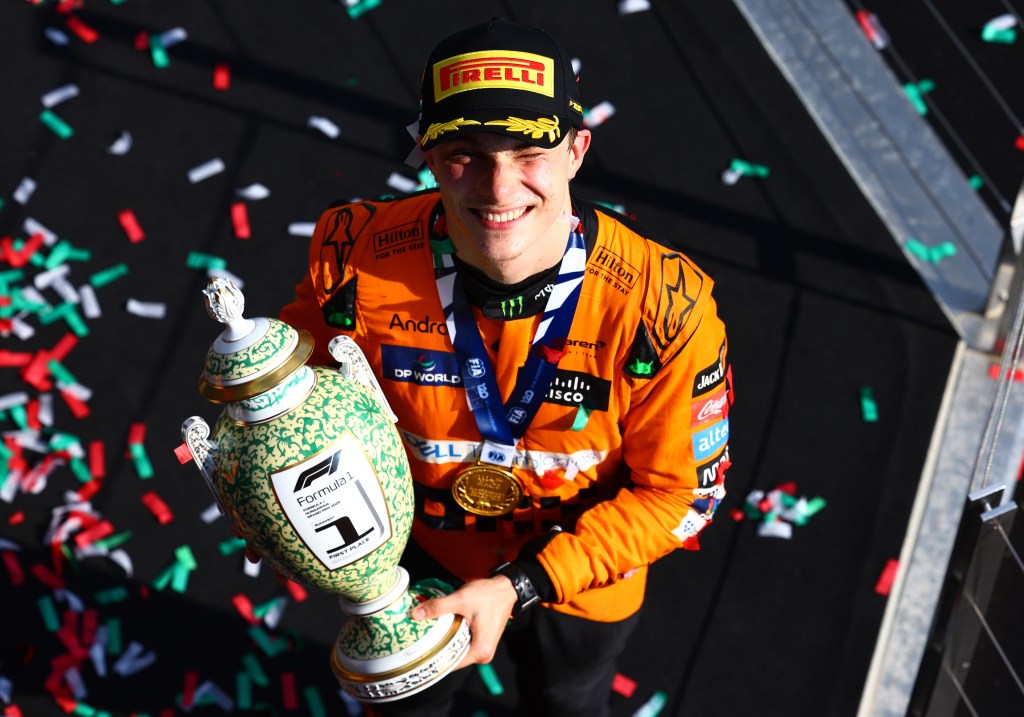 BUDAPEST, HUNGARY - JULY 21: Race winner Oscar Piastri of Australia and McLaren celebrates his maiden race win on the podium during the F1 Grand Prix of Hungary at Hungaroring on July 21, 2024 in Budapest, Hungary. (Photo by Mark Thompson/Getty Images)