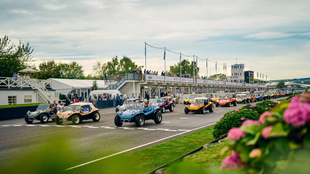 Classic Meyers Manx beach buggies were brought into Goodwood from all over the world, with a number flown in from America, for the track opening parade. Photo: Dominic James for Goodwood.