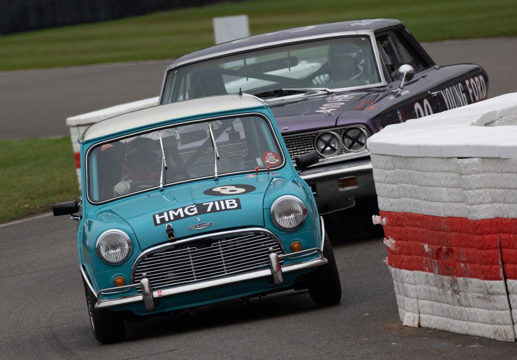 The little Austin Mini Cooper S of Jason Stanley and Alex Buncombe was quicker than the mighty "Young Ford" Galaxie 500 of Matthew Moore and Andre Lotterer, and Minis ruled in the wet on Friday. Photo: Peter Tarry for The Sunday Times