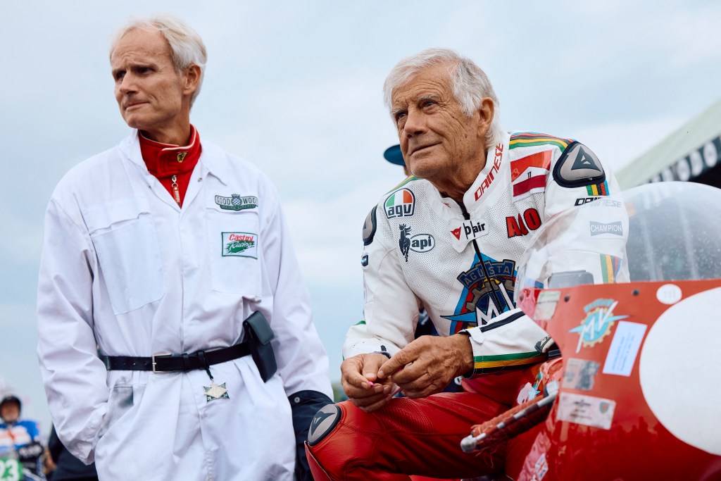 Italian former motorcycle racer Giacomo Agostini prepares for a race on the second day of the Goodwood Revival. Photo: Benjamin Cremel/ AFP via Getty Images