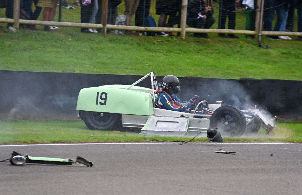 Jakob Holstein, in a Lotus-Climax 19, was one of the unlucky ones to hit the tyre barriers at Goodwood Revival. Photo: Dave Benett via Getty Images