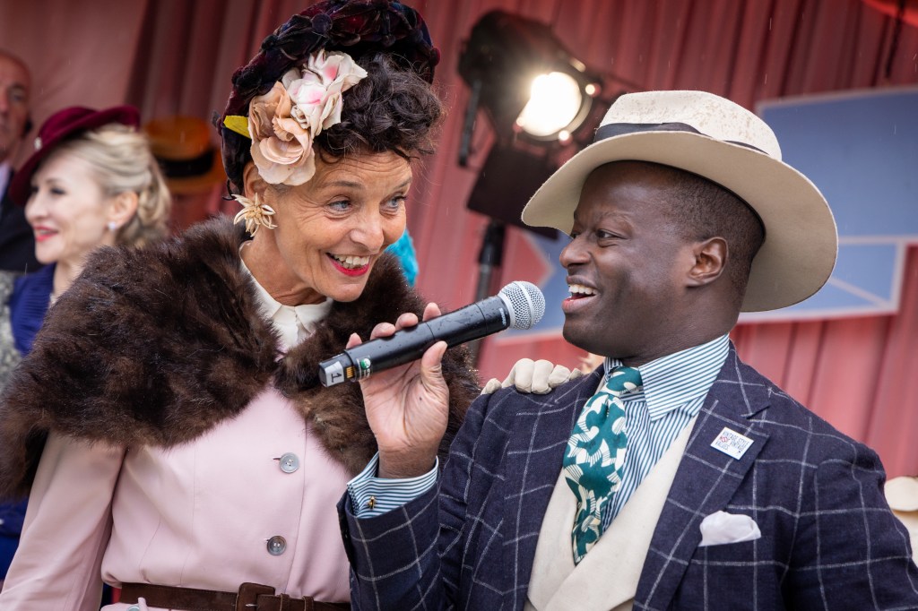 Dandy Wellington hosts the 'Best Dressed' competition at the Revive & Thrive Fashion Hub during day one. Photo: Tristan Fewings via Getty Images