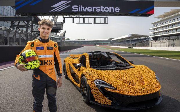 Lando Norris takes on Silverstone Circuit in a life-size Lego Technic McLaren P1.