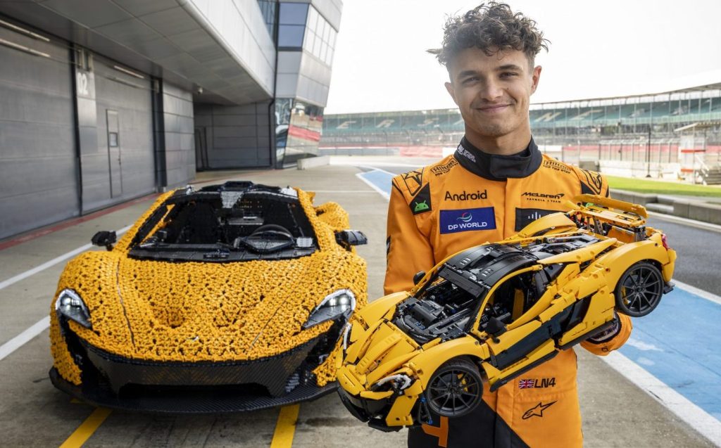 Lando Norris takes on Silverstone Circuit in a life-size Lego Technic McLaren P1.