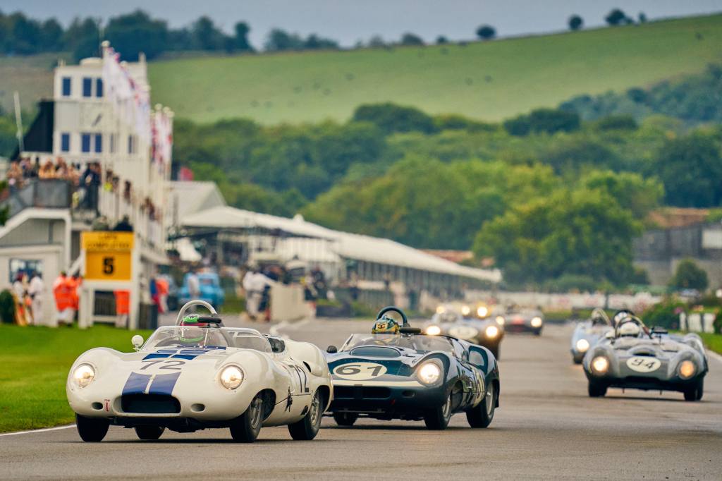 The 1959 Lister-Jaguar 'Costin' of James Cottingham and Richard Cook leads the 1959 Tojeiro-Jaguar of Jeremy Cottingham and Joe Twyman in Friday's Sussex Trophy race. Photo: Dominic James for Goodwood.