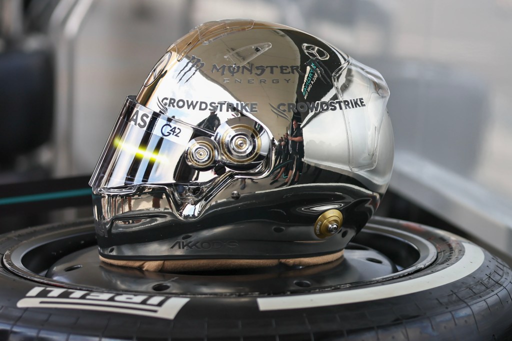 SUZUKA, JAPAN - SEPTEMBER 23: The helmet of Lewis Hamilton of Great Britain and Mercedes-AMG PETRONAS F1 Team during qualifying ahead of the F1 Grand Prix of Japan at Suzuka Circuit on September 23, 2023 in Suzuka, Japan. (Photo by Qian Jun/MB Media/Getty Images)