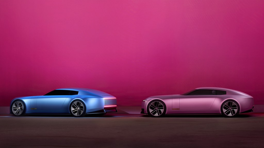 Jaguar Type 00 concept cars in blue and rose colours, side view