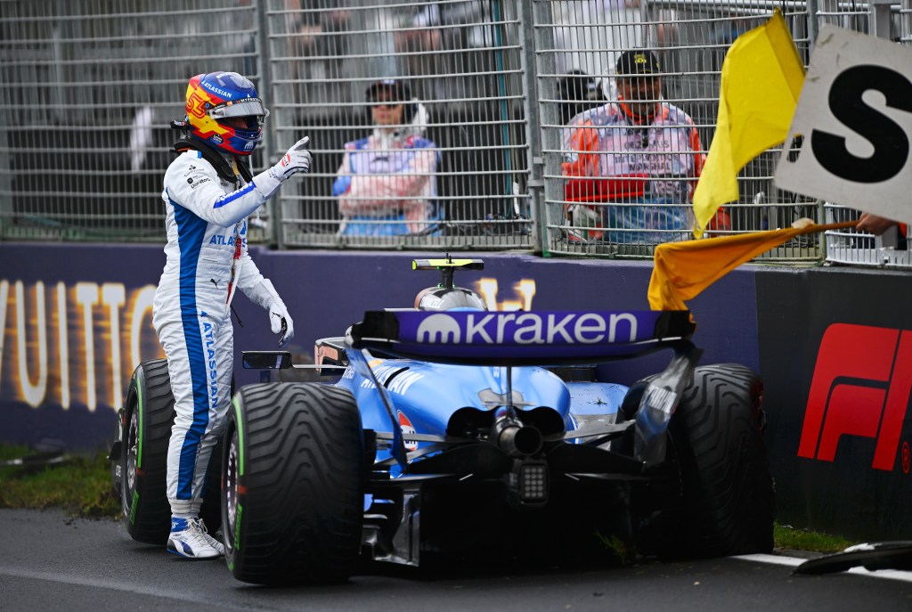 MELBOURNE, AUSTRALIA - MARCH 16: Carlos Sainz of Spain driving the (55) Williams FW47 Mercedes crashes during the F1 Grand Prix of Australia at Albert Park Grand Prix Circuit on March 16, 2025 in Melbourne, Australia. (Photo by Rudy Carezzevoli/Getty Images)