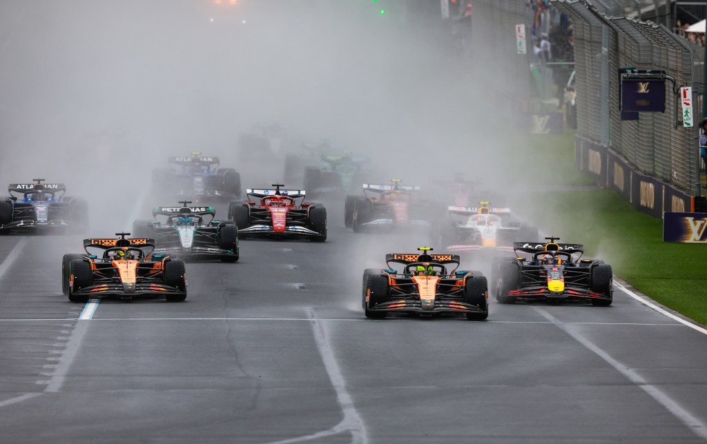 MELBOURNE, AUSTRALIA - MARCH 16: Lando Norris of Great Britain and McLaren leads the race following the restart during the F1 Grand Prix of Australia at Albert Park Grand Prix Circuit on March 16, 2025 in Melbourne, Australia. (Photo by Jayce Illman/Getty Images)