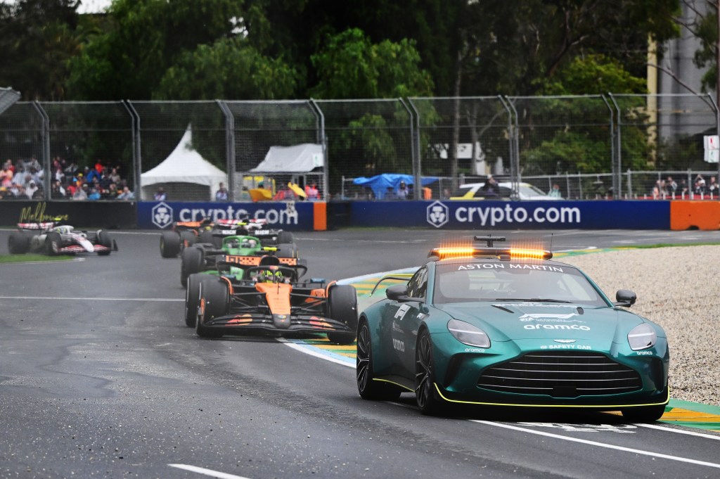 MELBOURNE, AUSTRALIA - MARCH 16: The FIA Safety Car leads Lando Norris of Great Britain driving the (4) McLaren MCL39 Mercedes and Gabriel Bortoleto of Brazil driving the (5) Kick Sauber C45 Ferrari on track during the F1 Grand Prix of Australia at Albert Park Grand Prix Circuit on March 16, 2025 in Melbourne, Australia. (Photo by Clive Mason/Getty Images)